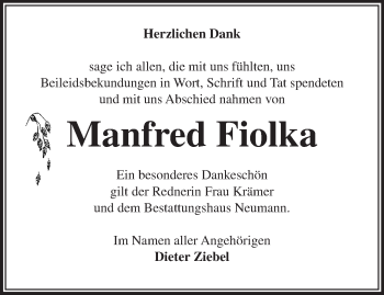 Traueranzeige von Manfred Fiolka von Märkische Oderzeitung