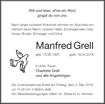 Traueranzeige von Manfred Grell von Märkische Oderzeitung