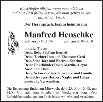 Traueranzeige von Manfred Henschke von Märkische Oderzeitung