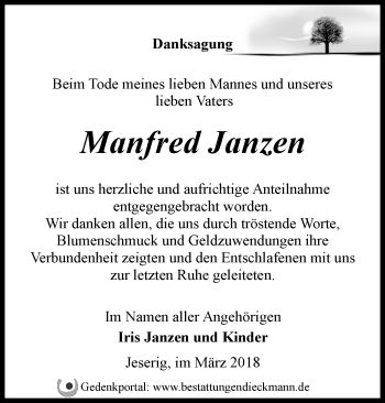 Traueranzeige von Manfred Janzen von Märkische Oderzeitung