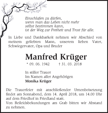 Traueranzeige von Manfred Krüger von Märkische Oderzeitung