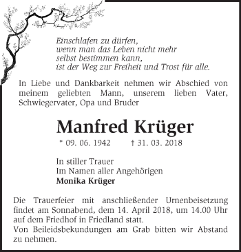 Traueranzeige von Manfred Krüger von Märkische Oderzeitung