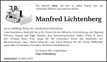 Traueranzeige von Manfred Lichtenberg von Märkische Oderzeitung