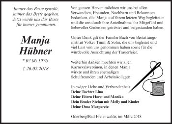 Traueranzeige von Manja Hübner von Märkische Oderzeitung