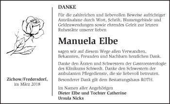 Traueranzeige von Manuela Elbe von Märkische Oderzeitung