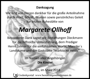 Traueranzeige von Margarete Ollhoff von Märkische Oderzeitung