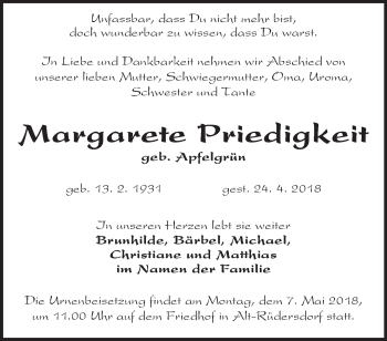 Traueranzeige von Margarete Priedigkeit von Märkische Oderzeitung