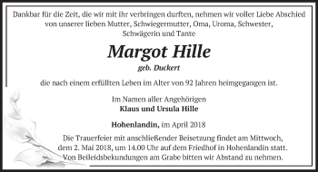 Traueranzeige von Margot Hille von Märkische Oderzeitung