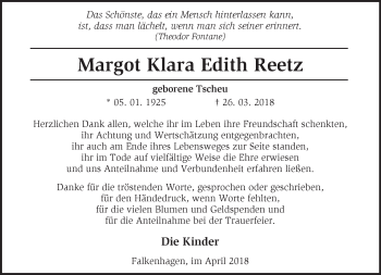 Traueranzeige von Margot Klara Edith Reetz von Märkische Oderzeitung