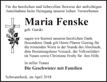 Traueranzeige von Maria Fenske von Märkische Oderzeitung