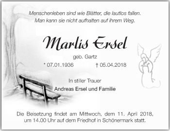 Traueranzeige von Marlis Ersel von Märkische Oderzeitung