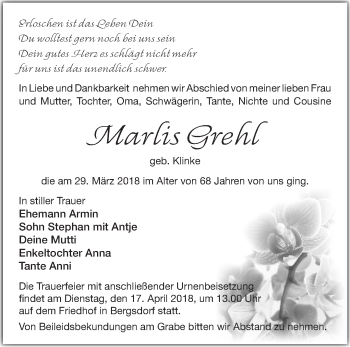 Traueranzeige von Marlis Grehl von Märkische Oderzeitung