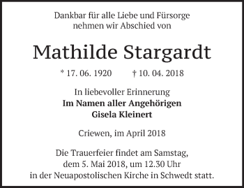 Traueranzeige von Mathilde Stargardt von Märkische Oderzeitung