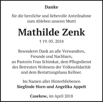 Traueranzeige von Mathilde Zenk von Märkische Oderzeitung