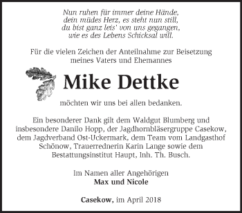 Traueranzeige von Mike Dettke von Märkische Oderzeitung