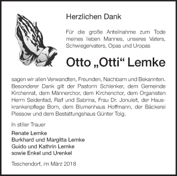 Traueranzeige von Otto Lemke von Märkische Oderzeitung