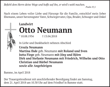 Traueranzeige von Otto Neumann von Märkische Oderzeitung