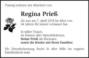 Traueranzeige von Regina Prieß von Märkische Oderzeitung