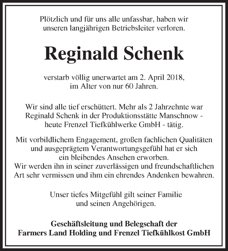  Traueranzeige für Reginald Schenk vom 11.04.2018 aus Märkische Oderzeitung
