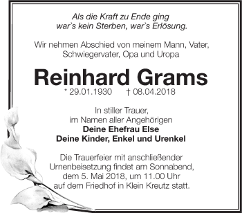 Traueranzeige von Reinhard Grams von Märkische Oderzeitung