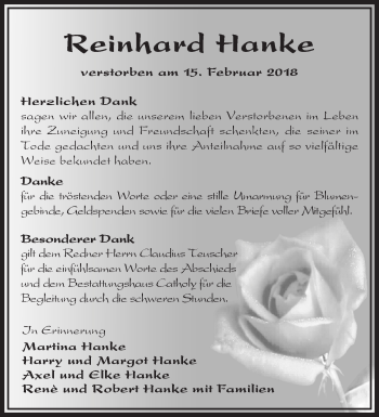 Traueranzeige von Reinhard Hanke von Märkische Oderzeitung