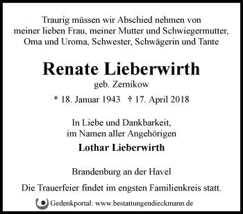 Traueranzeige von Renate Lieberwirth von Märkische Oderzeitung