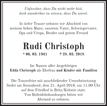 Traueranzeige von Rudi Christoph von Märkische Oderzeitung