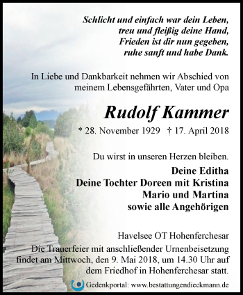 Traueranzeige von Rudolf Kammer von Märkische Oderzeitung