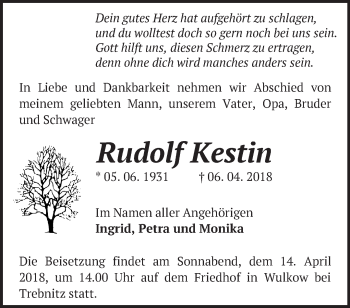 Traueranzeige von Rudolf Kestin von Märkische Oderzeitung