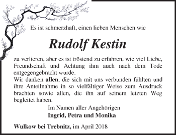 Traueranzeige von Rudolf Kestin von Märkische Oderzeitung