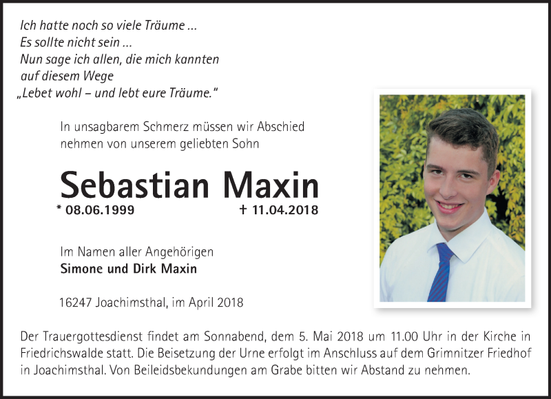  Traueranzeige für Sebastian Maxin vom 22.04.2018 aus Märkische Oderzeitung