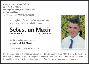 Traueranzeige von Sebastian Maxin von Märkische Oderzeitung