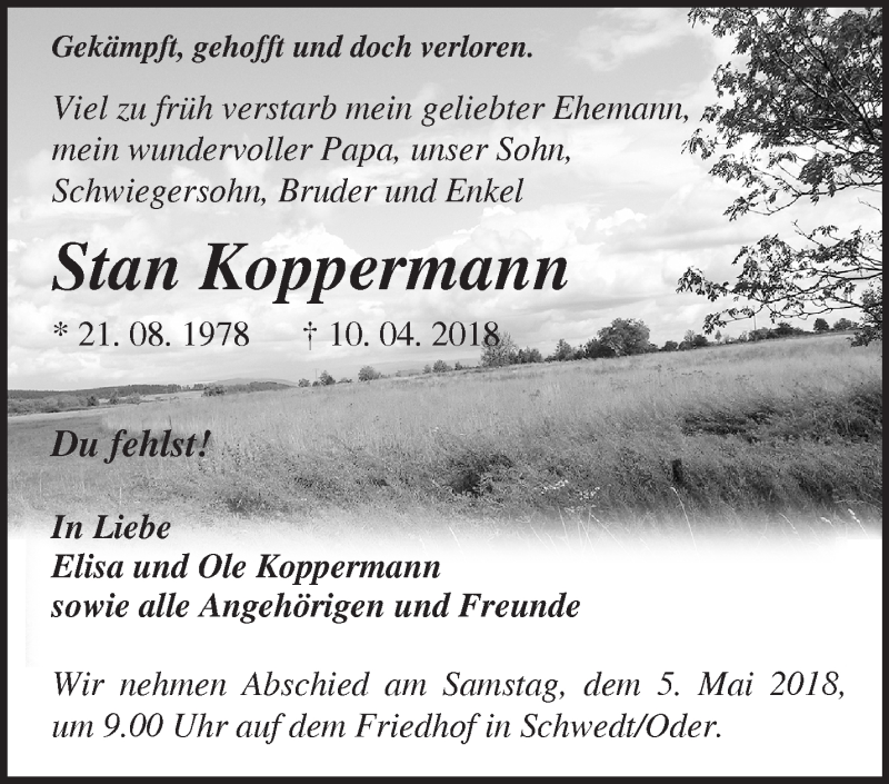  Traueranzeige für Stan Koppermann vom 15.04.2018 aus Märkische Oderzeitung