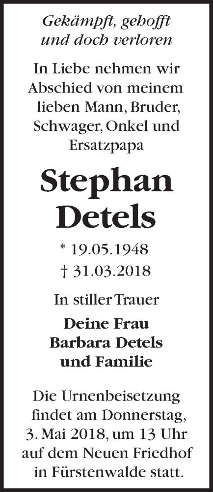  Traueranzeige für Stephan Detels vom 28.04.2018 aus Märkische Oderzeitung