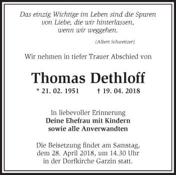 Traueranzeige von Thomas Dethloff von Märkische Oderzeitung