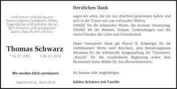 Traueranzeige von Thomas Schwarz von Märkische Oderzeitung