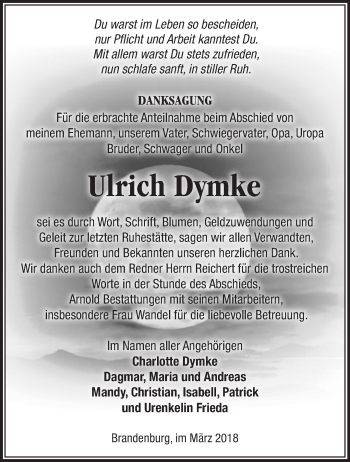 Traueranzeige von Ulrich Dymke von Märkische Oderzeitung