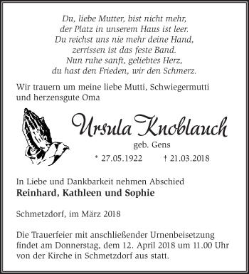 Traueranzeige von Ursula Knoblauch von Märkische Oderzeitung