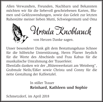 Traueranzeige von Ursula Knoblauch von Märkische Oderzeitung