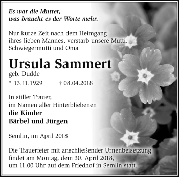 Traueranzeige von Ursula Sammert von Märkische Oderzeitung