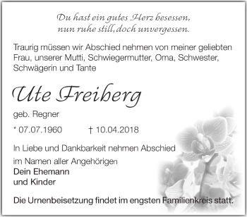 Traueranzeige von Ute Freiberg von Märkische Oderzeitung