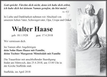 Traueranzeige von Walter Haase von Märkische Oderzeitung