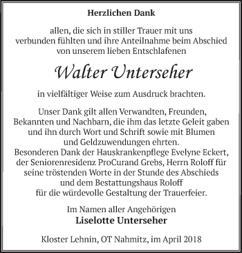 Traueranzeige von Walter Unterseher von Märkische Oderzeitung