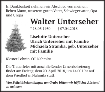 Traueranzeige von Walter Unterseher von Märkische Oderzeitung