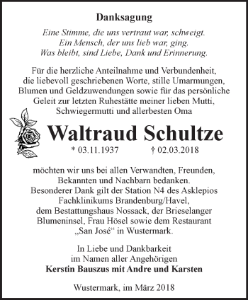 Traueranzeige von Waltraud Schultze von Märkische Oderzeitung