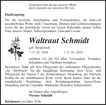 Traueranzeige von Waltraut Schmidt von Märkische Oderzeitung