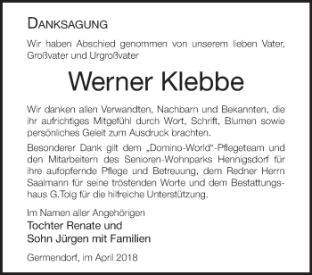 Traueranzeige von Werner Klebbe von Märkische Oderzeitung