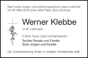 Traueranzeige von Werner Klebbe von Märkische Oderzeitung