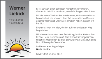 Traueranzeige von Werner Liebick von Märkische Oderzeitung