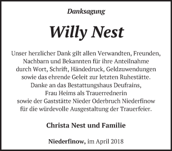 Traueranzeige von Willy Nest von Märkische Oderzeitung